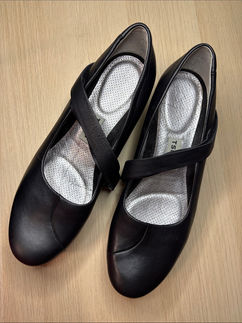 Tsubo Black Leather Mary Jane Wedges with Cross Strap